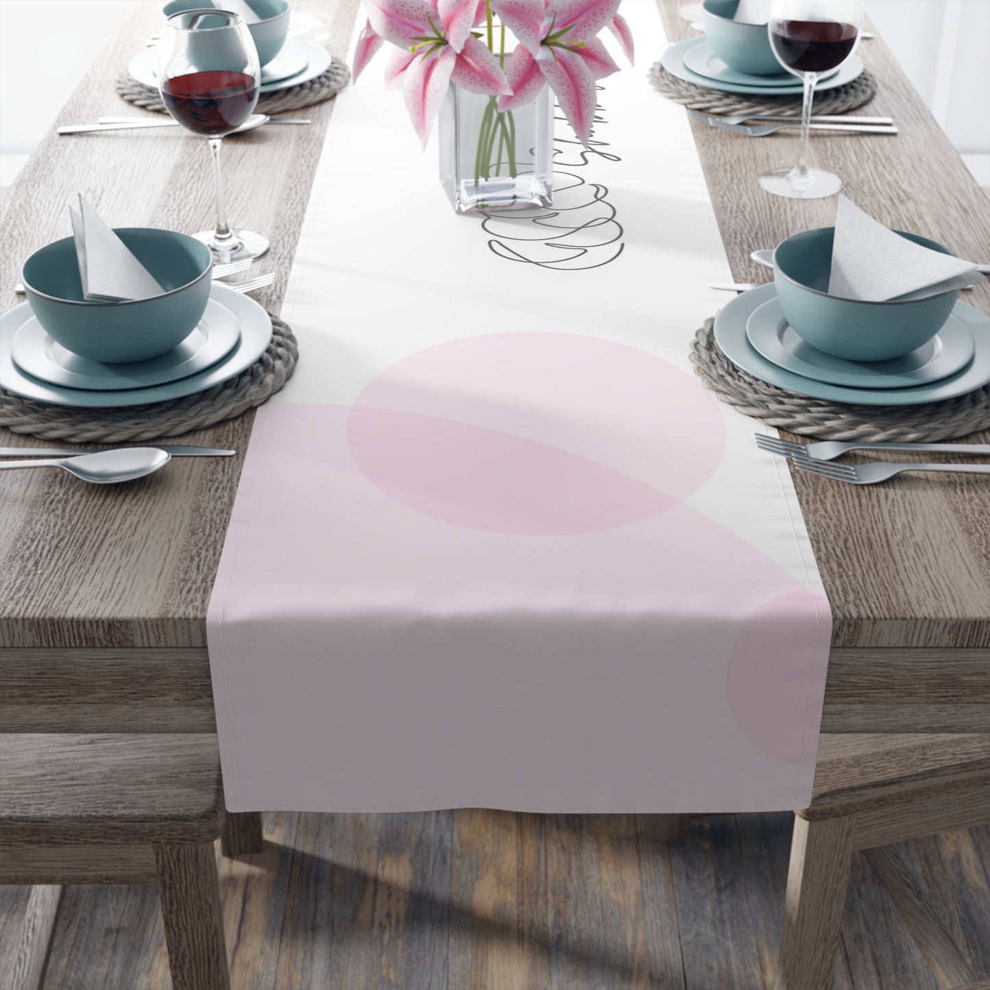Shabbat Table Runner With Shabbat Shalom Caption - Pink Circles