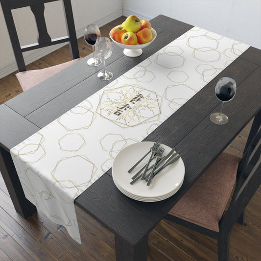 Shabbat Table Runner With Hebrew Shabbat Shalom And Geometric Shapes