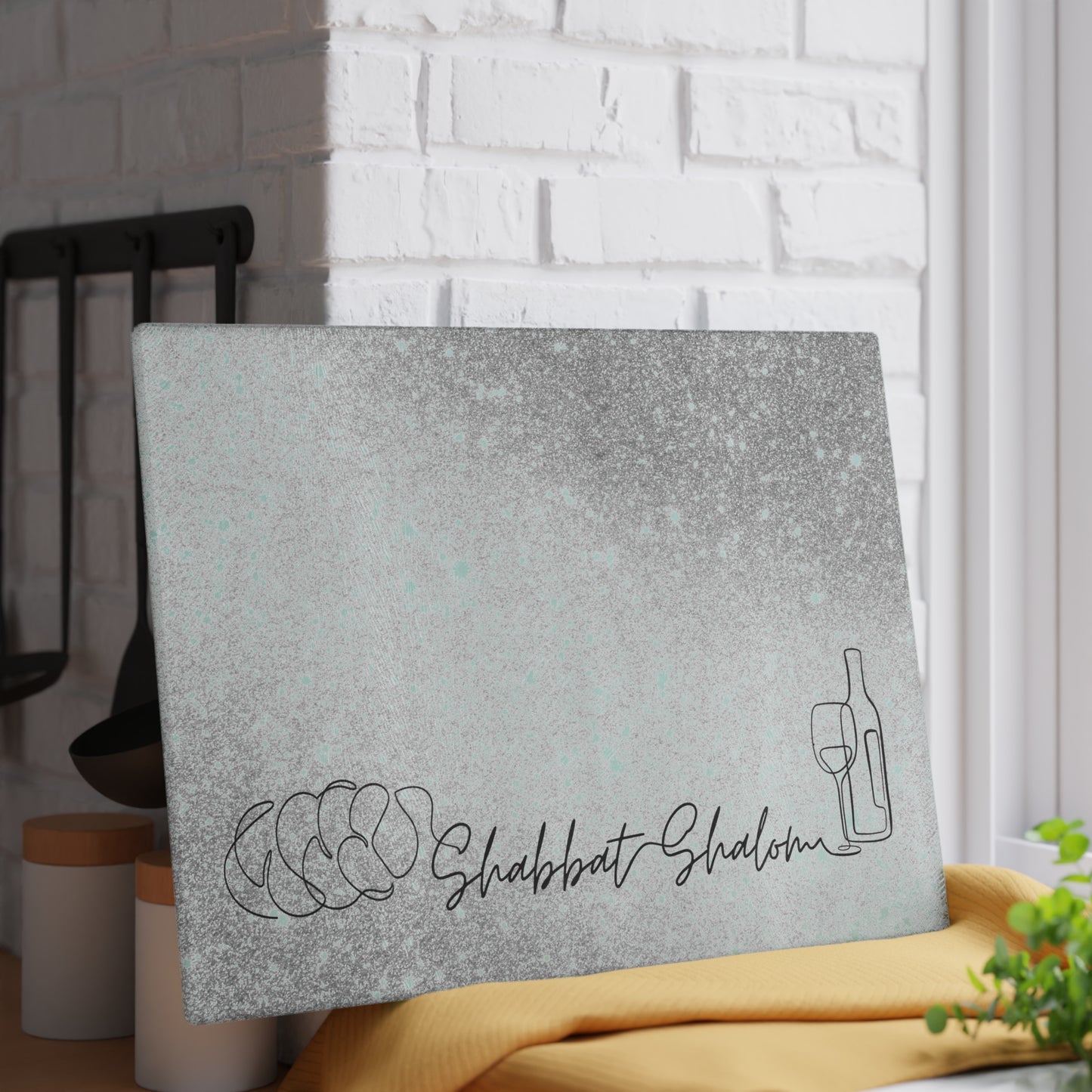 Shabbat Challah Glass Board With Shabbat Shalom Caption - Sparkle Silver Shades