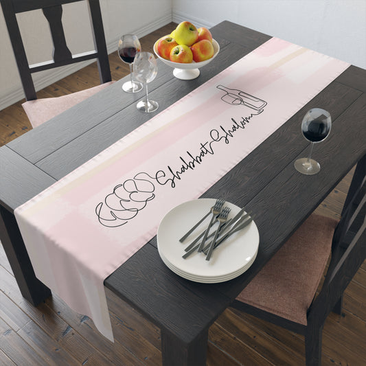 Shabbat Table Runner With Shabbat Shalom Caption - Pink Shades