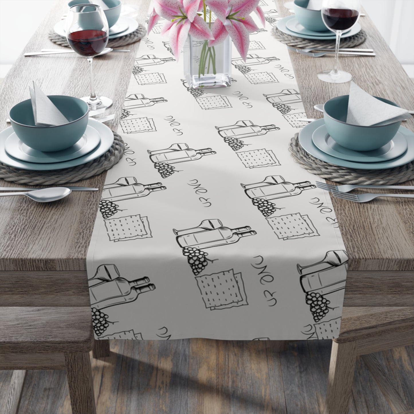 Passover Table Runner With Wine and Matzah Illustration