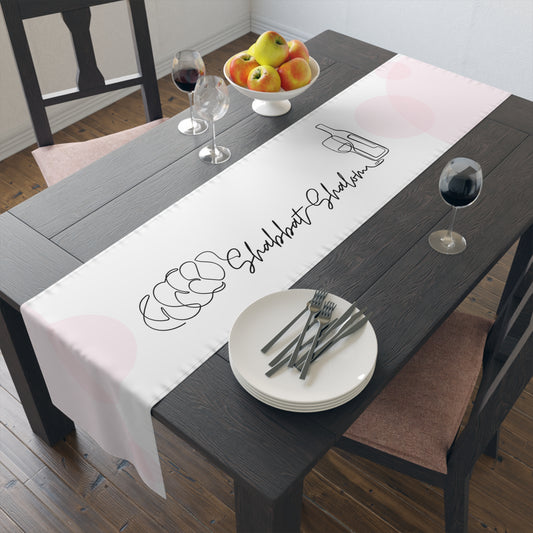 Shabbat Table Runner With Shabbat Shalom Caption - Pink Circles