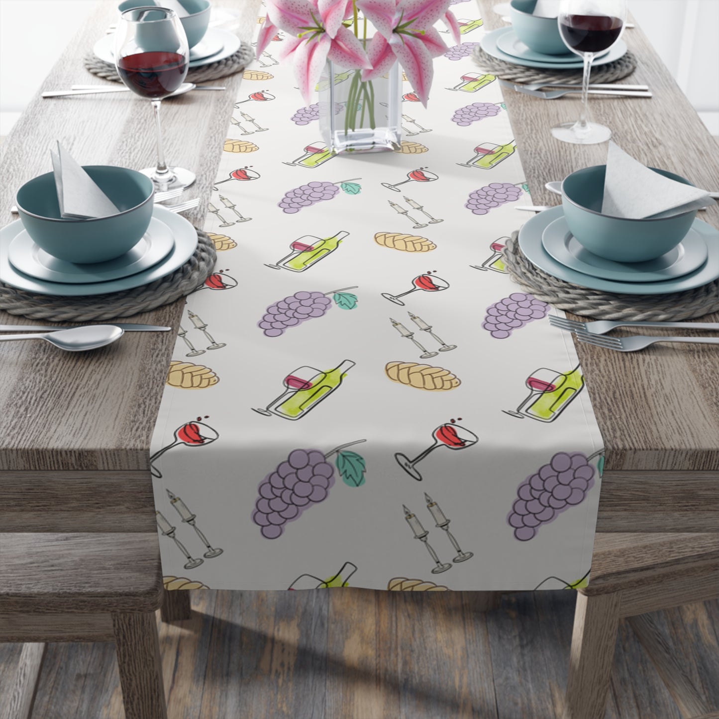 Shabbat Table Runner With Shabbat Illustrations