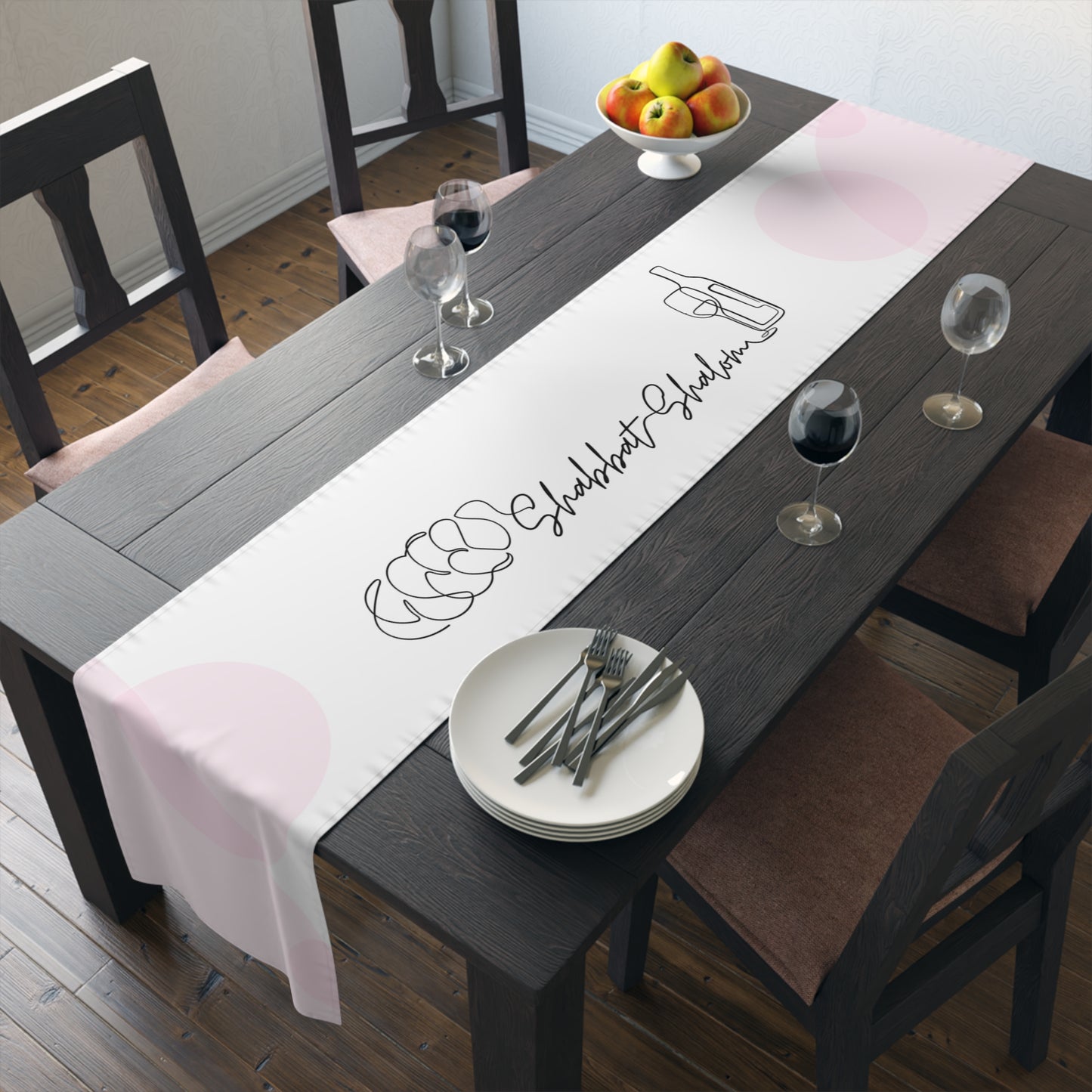 Shabbat Table Runner With Shabbat Shalom Caption - Pink Circles