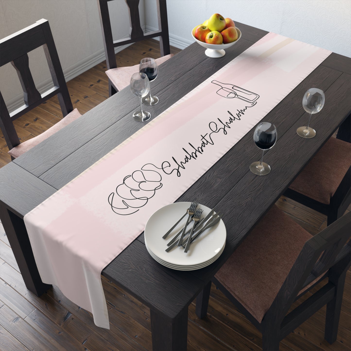 Shabbat Table Runner With Shabbat Shalom Caption - Pink Shades