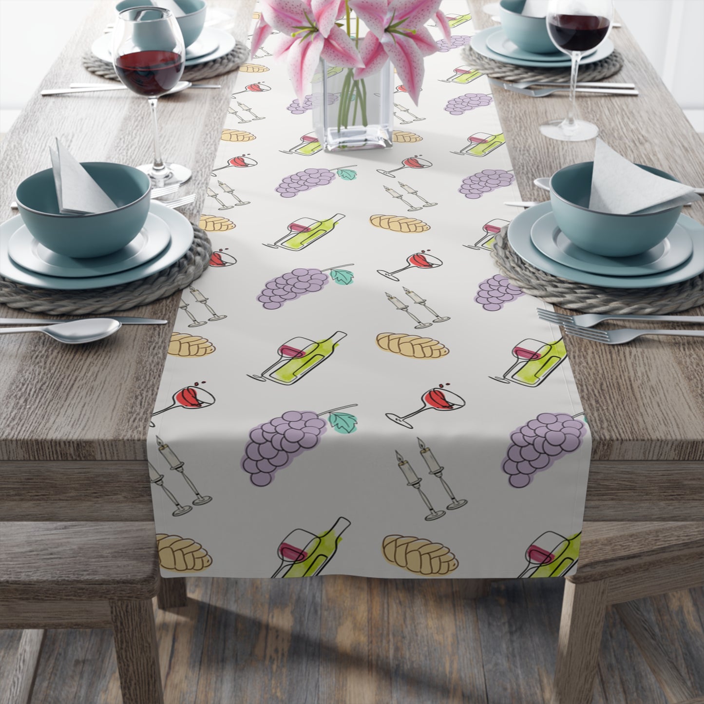 Shabbat Table Runner With Shabbat Illustrations