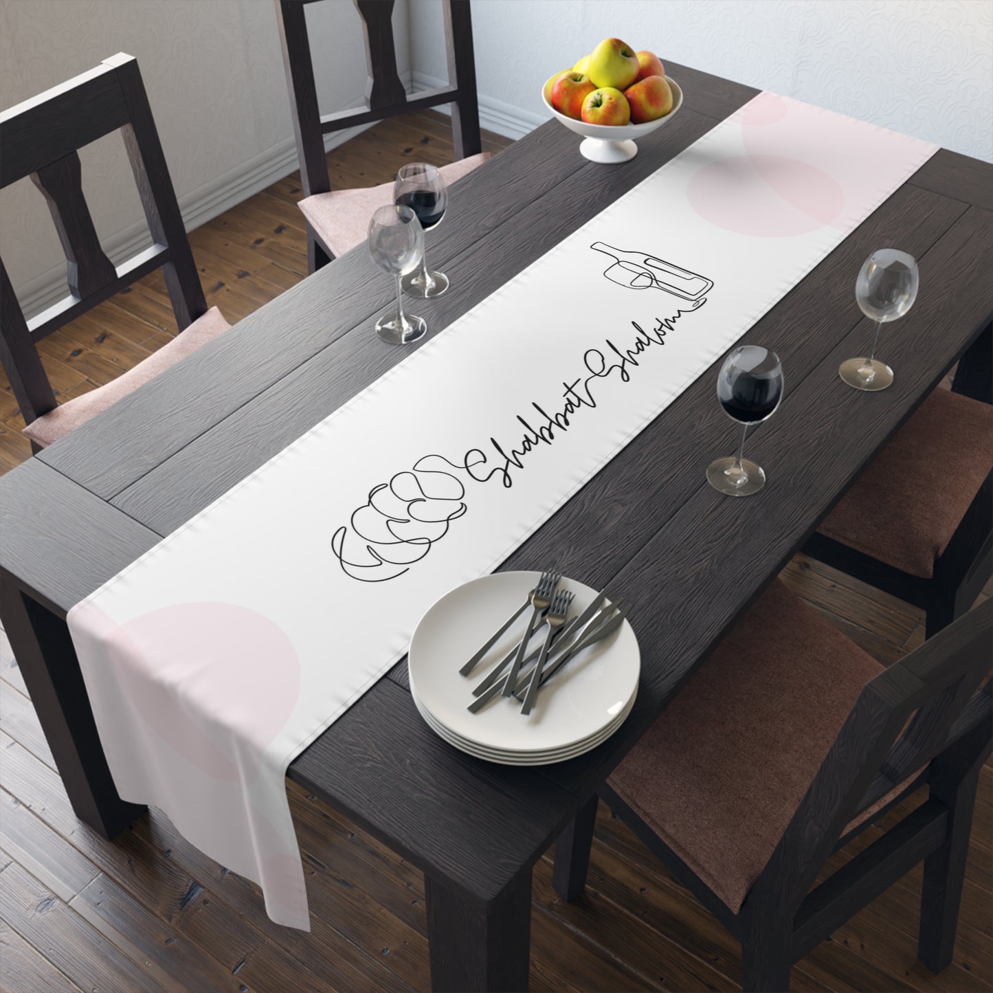 Shabbat Table Runner With Shabbat Shalom Caption - Pink Circles