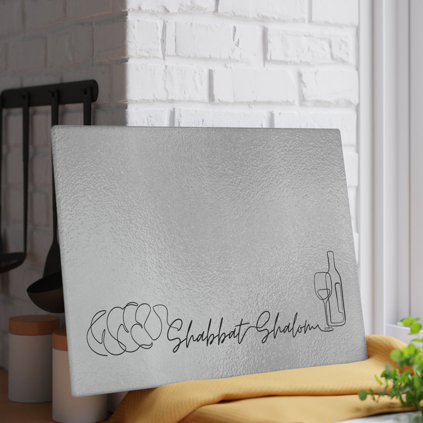 Shabbat Challah Glass Board With Shabbat Shalom Caption - Silver Shades