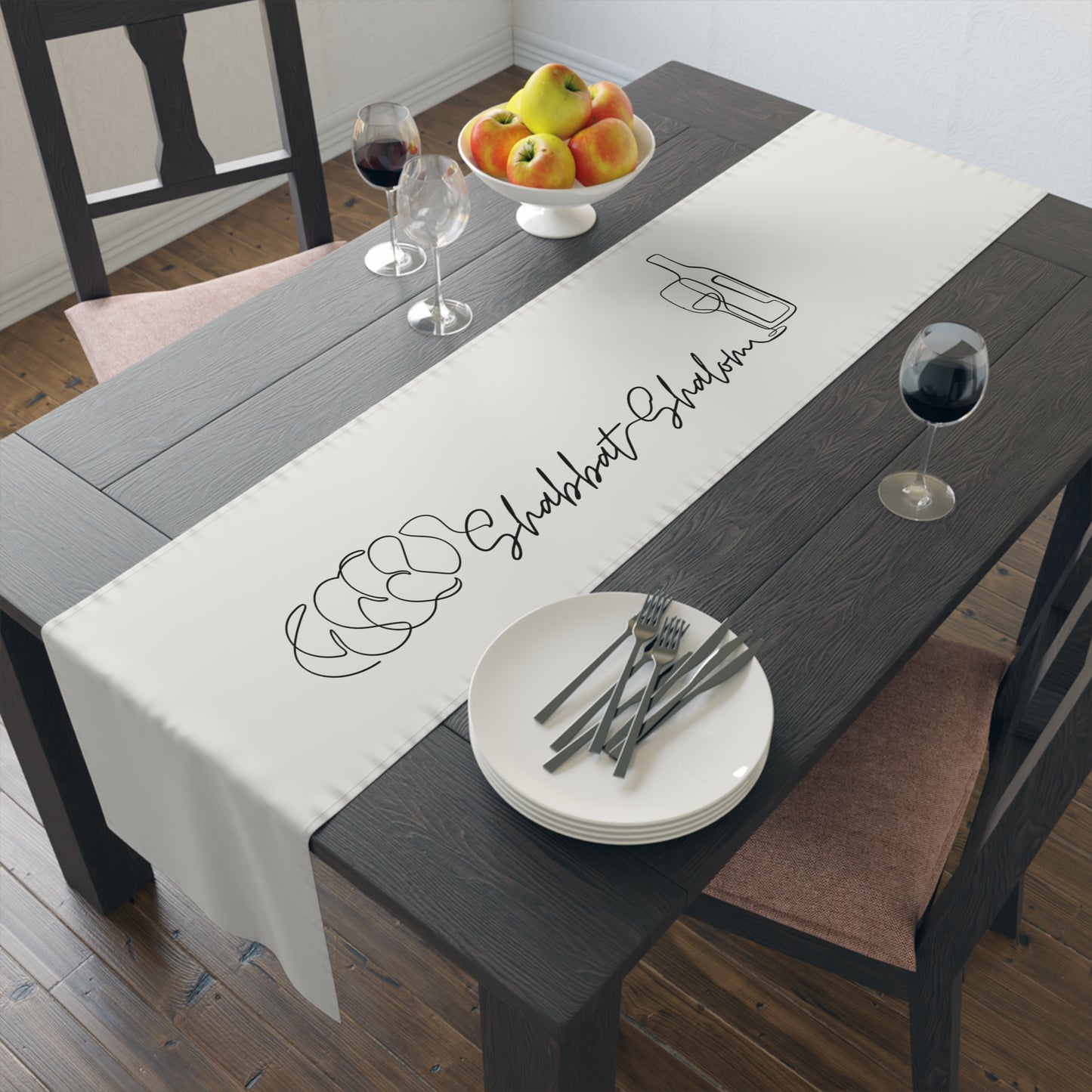 Shabbat Table Runner With Shabbat Shalom Caption - Beige shade