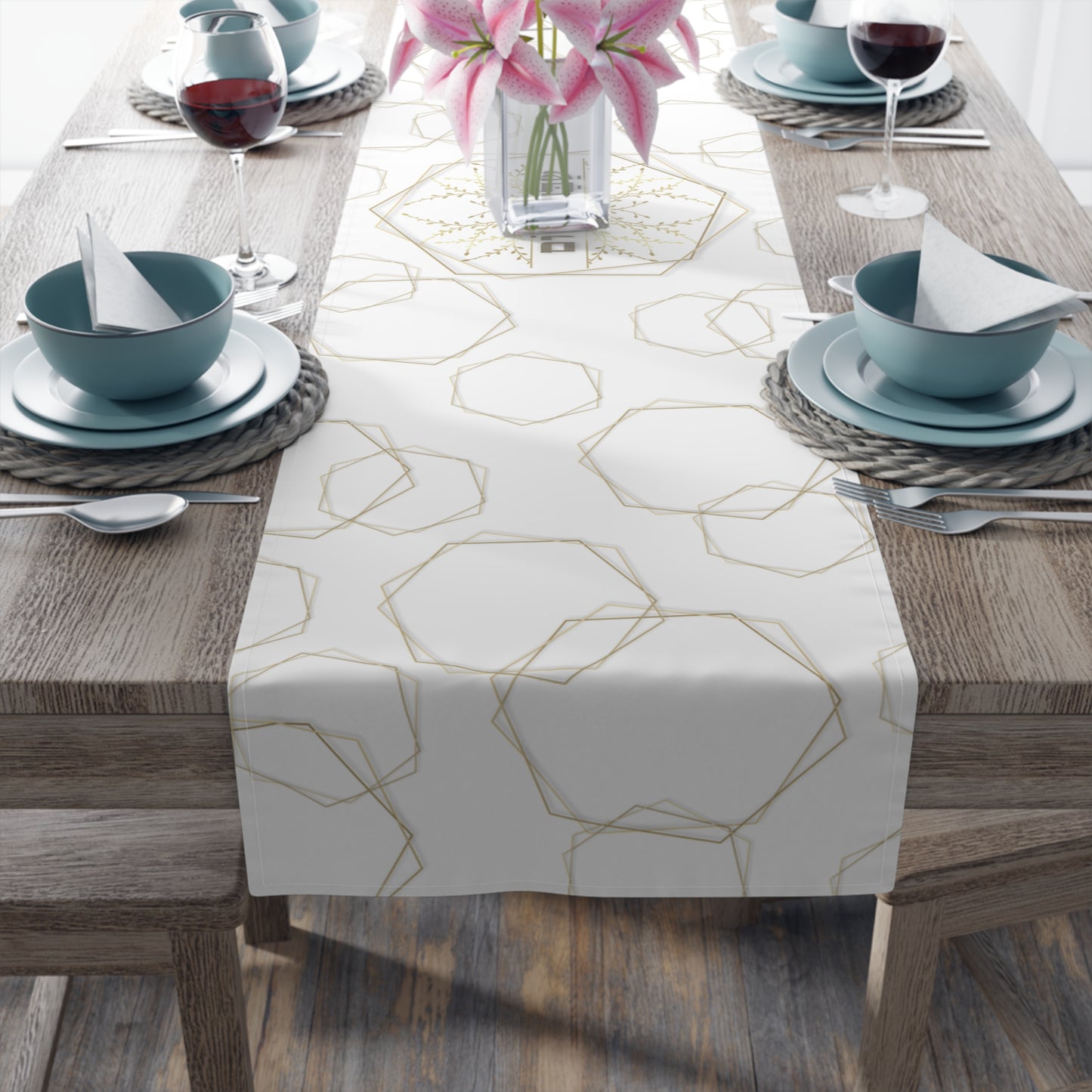 Shabbat Table Runner With Hebrew Shabbat Shalom And Geometric Shapes