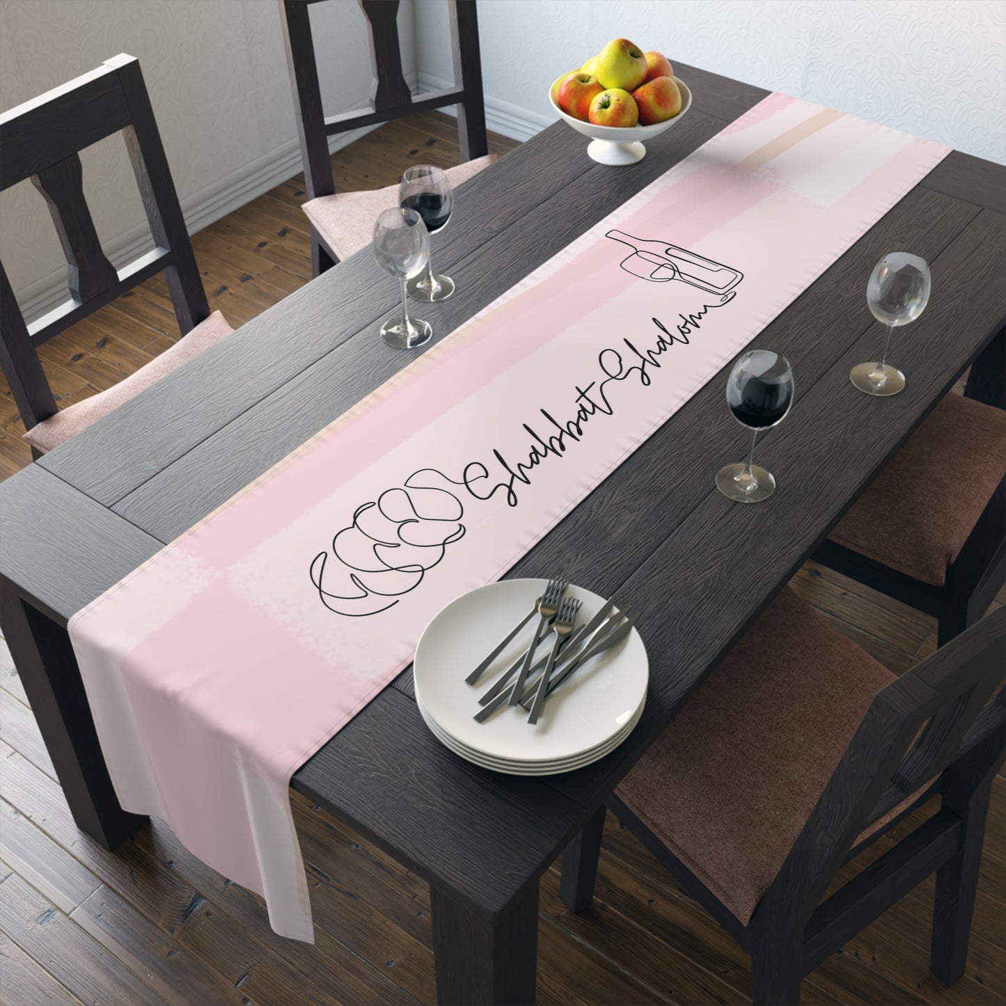 Shabbat Table Runner With Shabbat Shalom Caption - Pink Shades