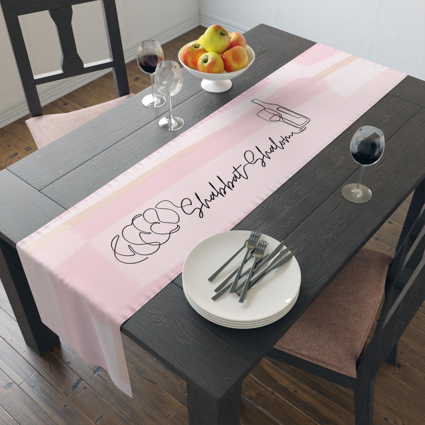 Shabbat Table Runner With Shabbat Shalom Caption - Pink Shades