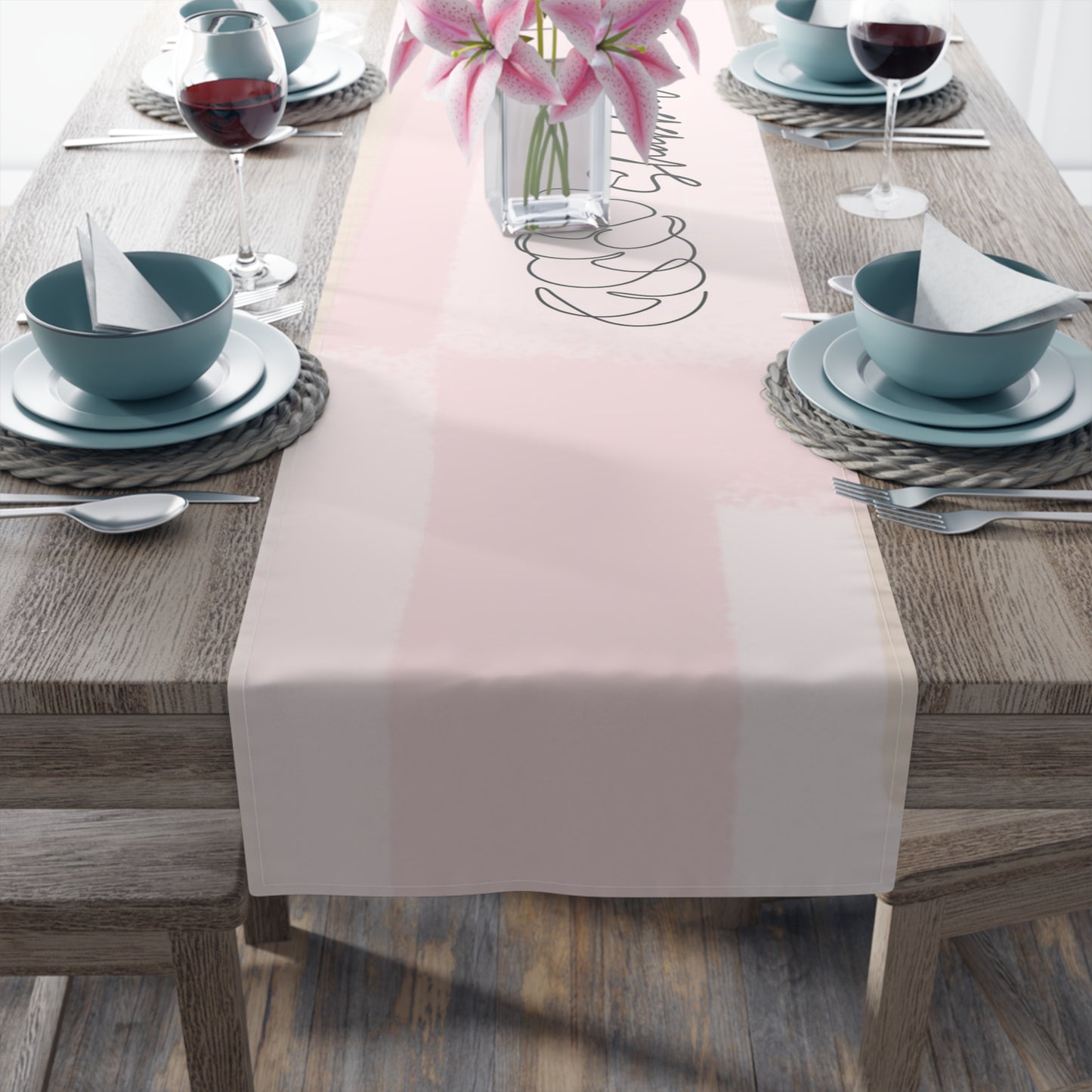 Shabbat Table Runner With Shabbat Shalom Caption - Pink Shades