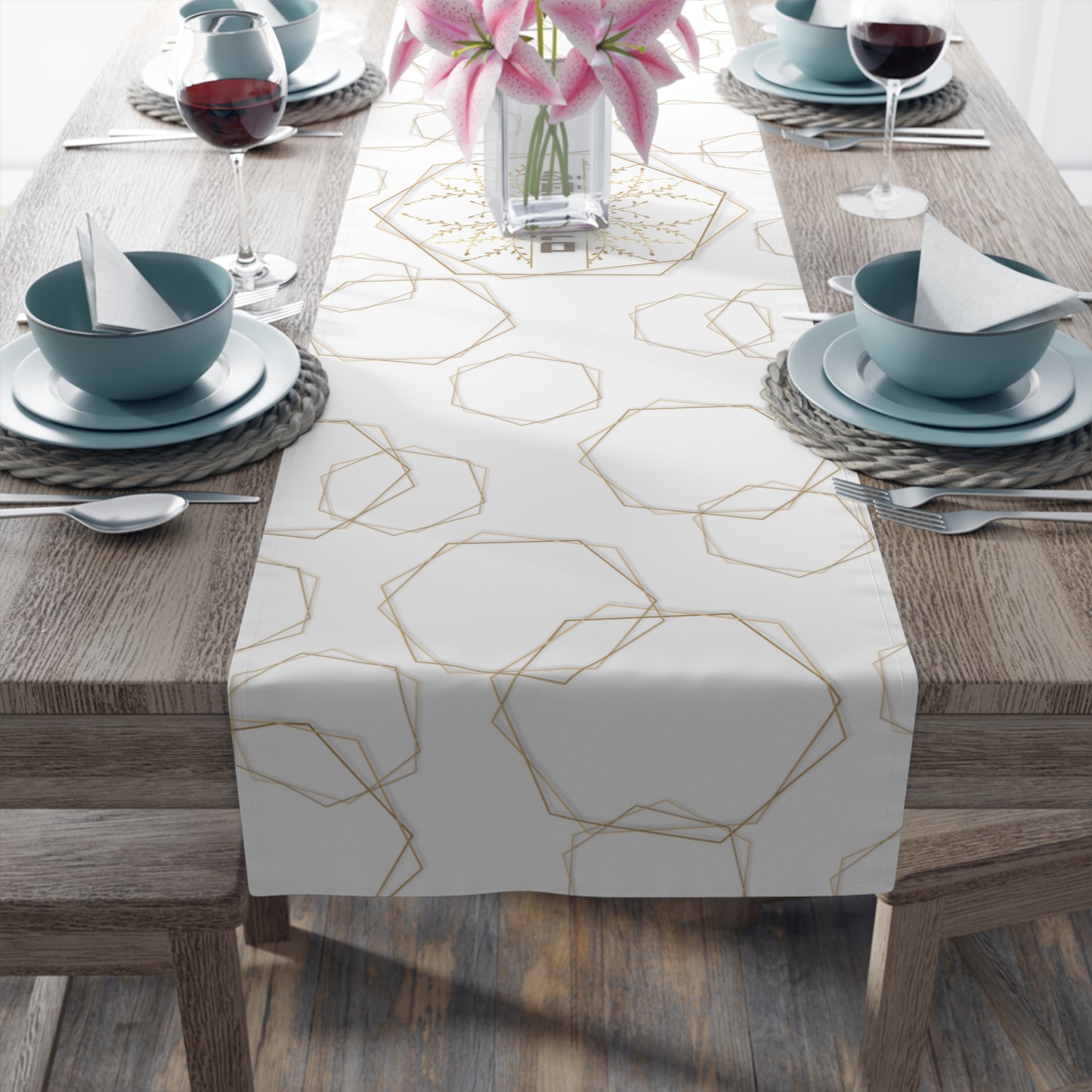 Shabbat Table Runner With Hebrew Shabbat Shalom And Geometric Shapes