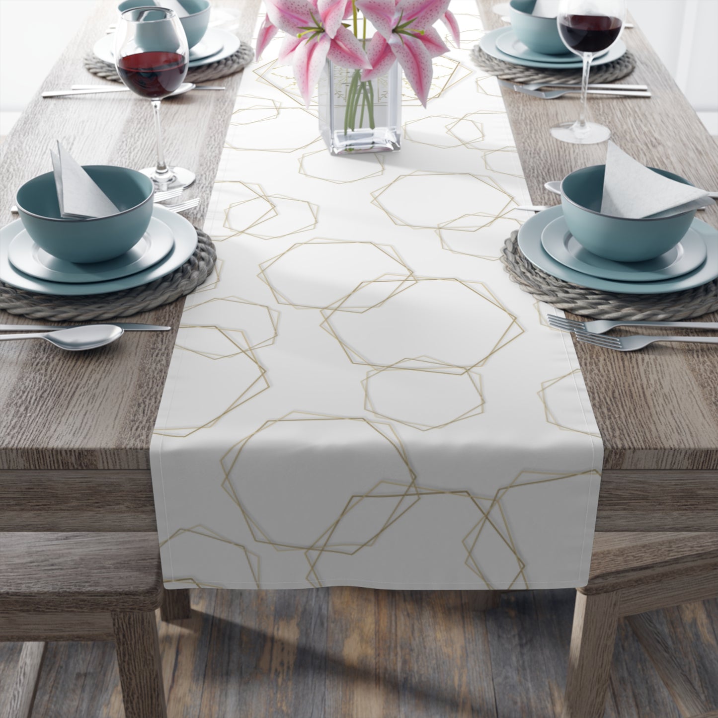 Shabbat Table Runner With Hebrew Shabbat Shalom And Geometric Shapes