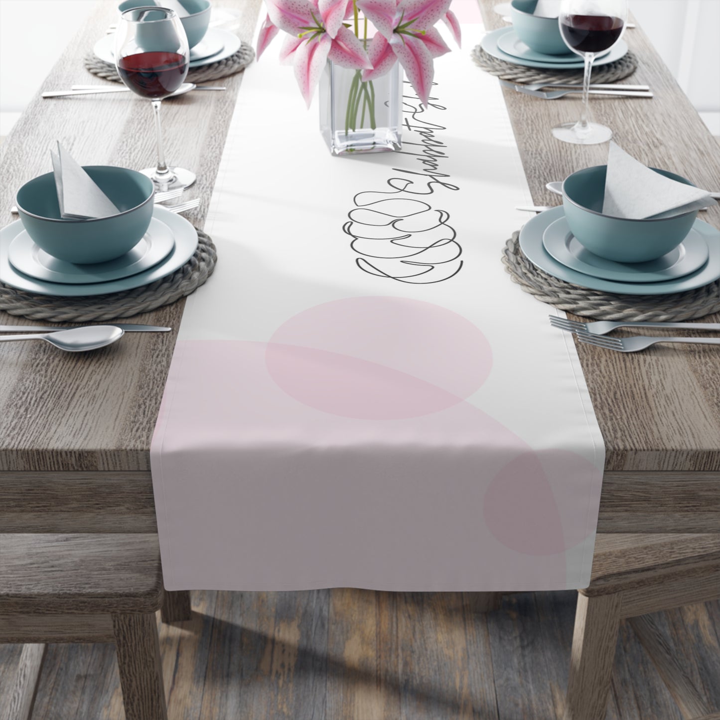 Shabbat Table Runner With Shabbat Shalom Caption - Pink Circles