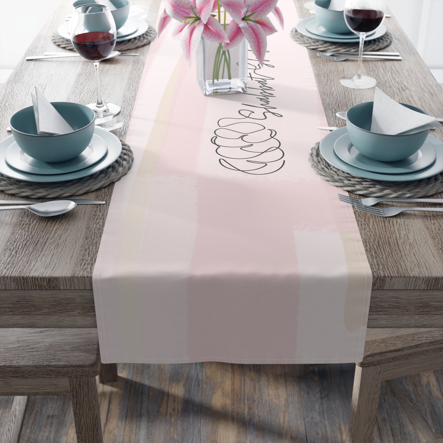 Shabbat Table Runner With Shabbat Shalom Caption - Pink Shades