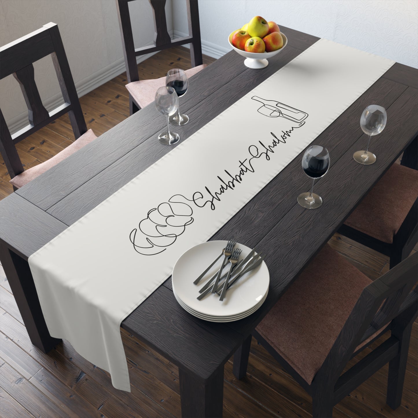 Shabbat Table Runner With Shabbat Shalom Caption - Beige shade