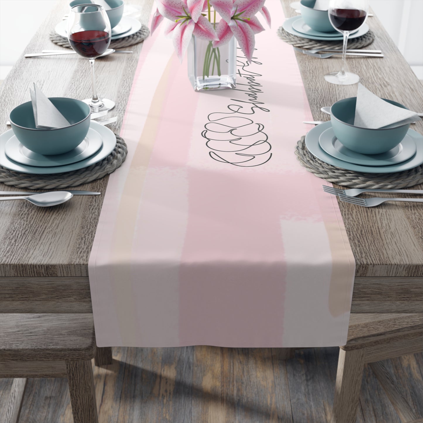 Shabbat Table Runner With Shabbat Shalom Caption - Pink Shades