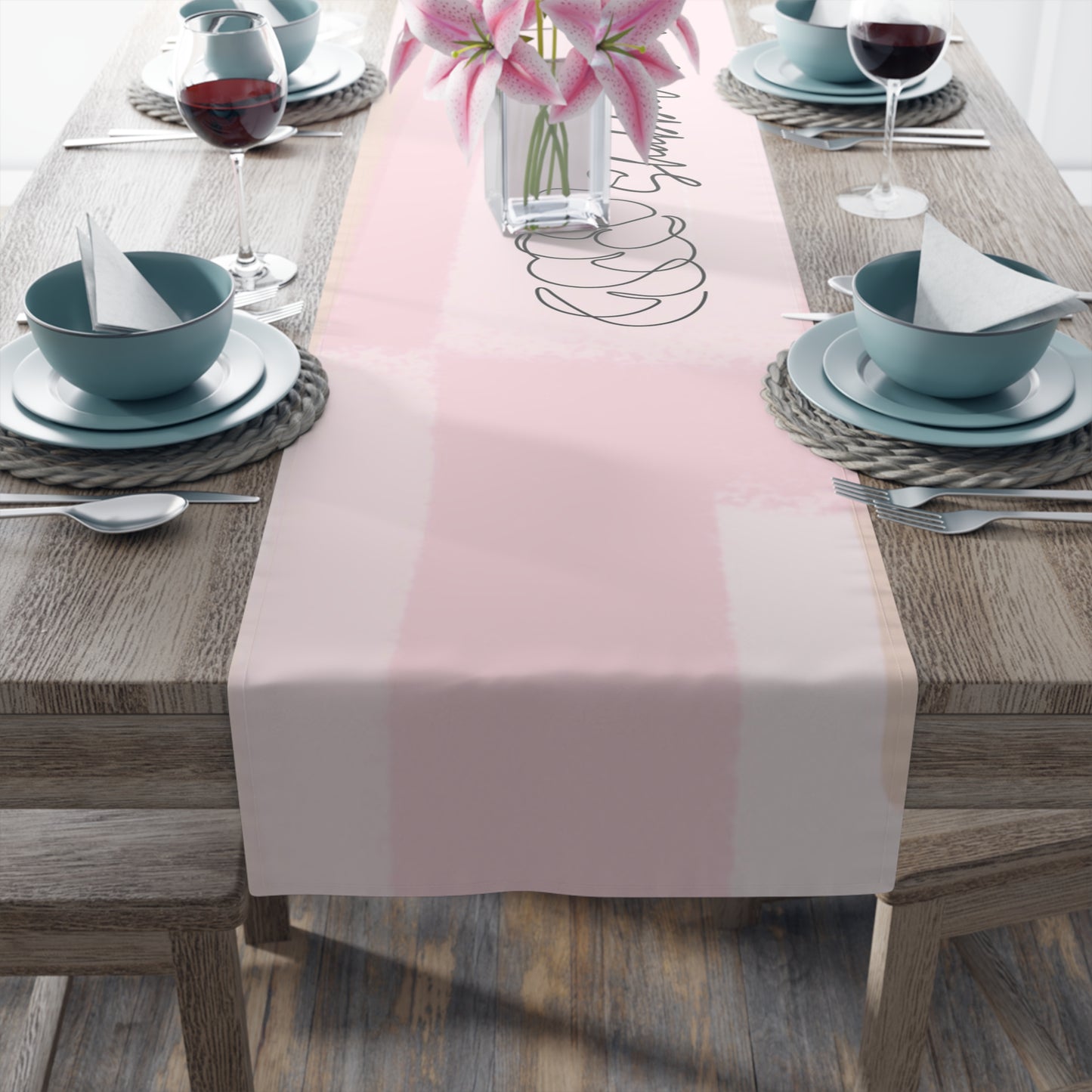 Shabbat Table Runner With Shabbat Shalom Caption - Pink Shades