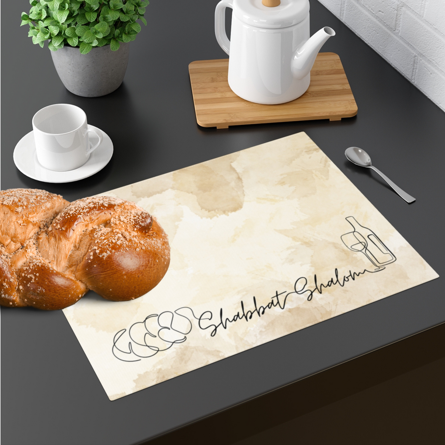 Challah cover/ placemat for Shabbat table with Shabbat Shalom caption - Browns shades