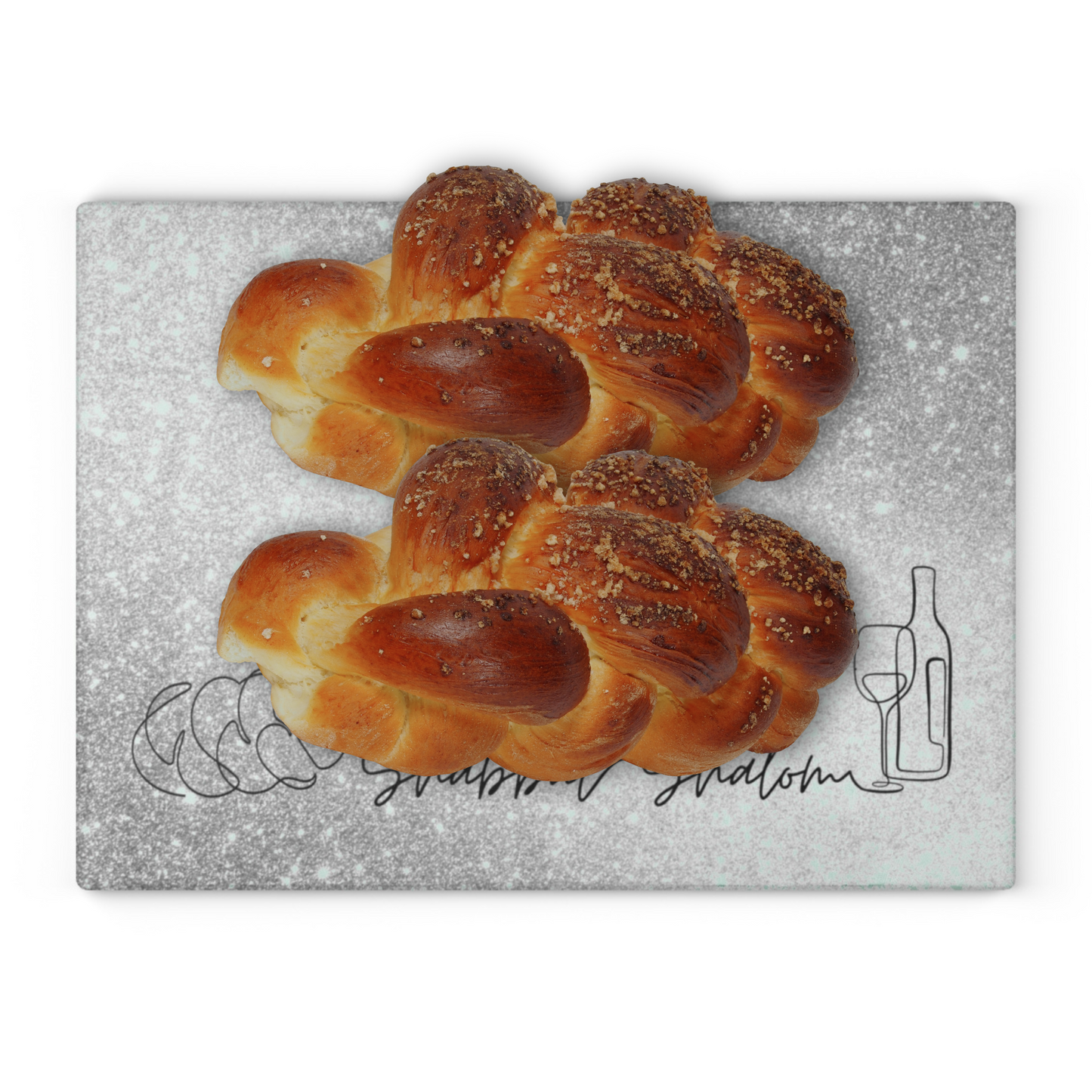 Shabbat Challah Glass Board With Shabbat Shalom Caption - Sparkle Silver Shades
