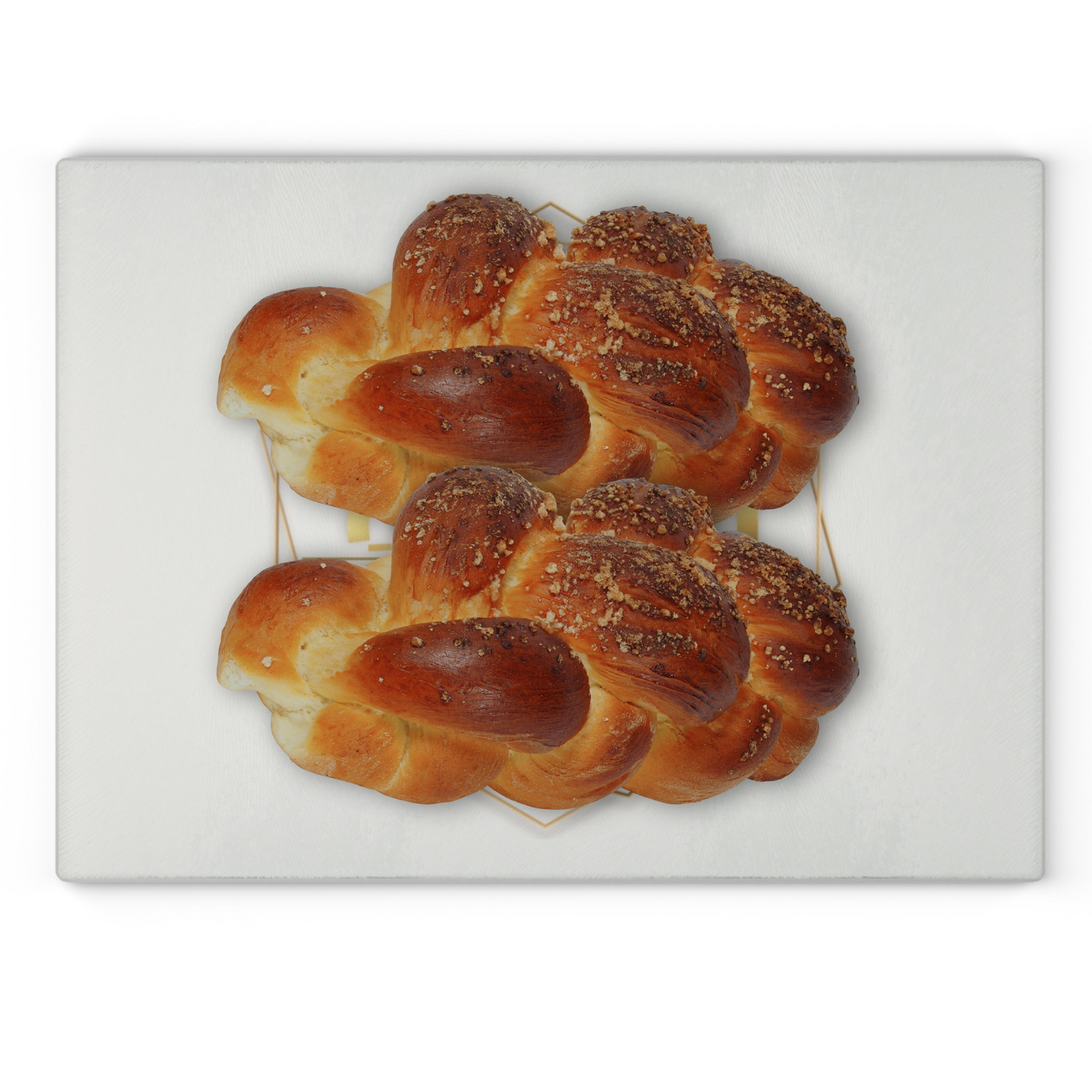 Challah/ Matzah Glass Board with Gold 'Chag Sameach' in Hebrew (Happy Holiday) - Geometric hexagon