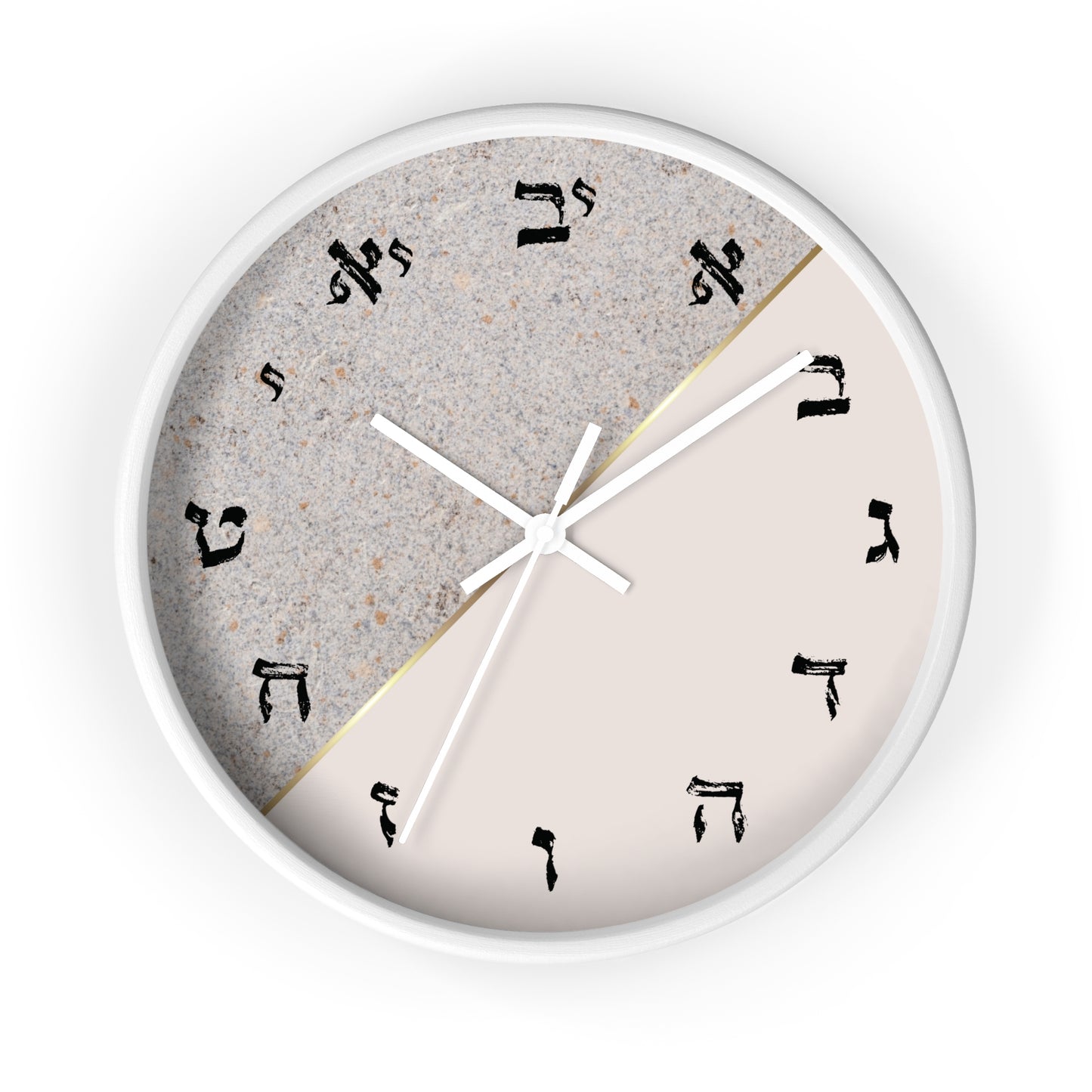 Hebrew letters wall clock with a print in shades of gray and concrete