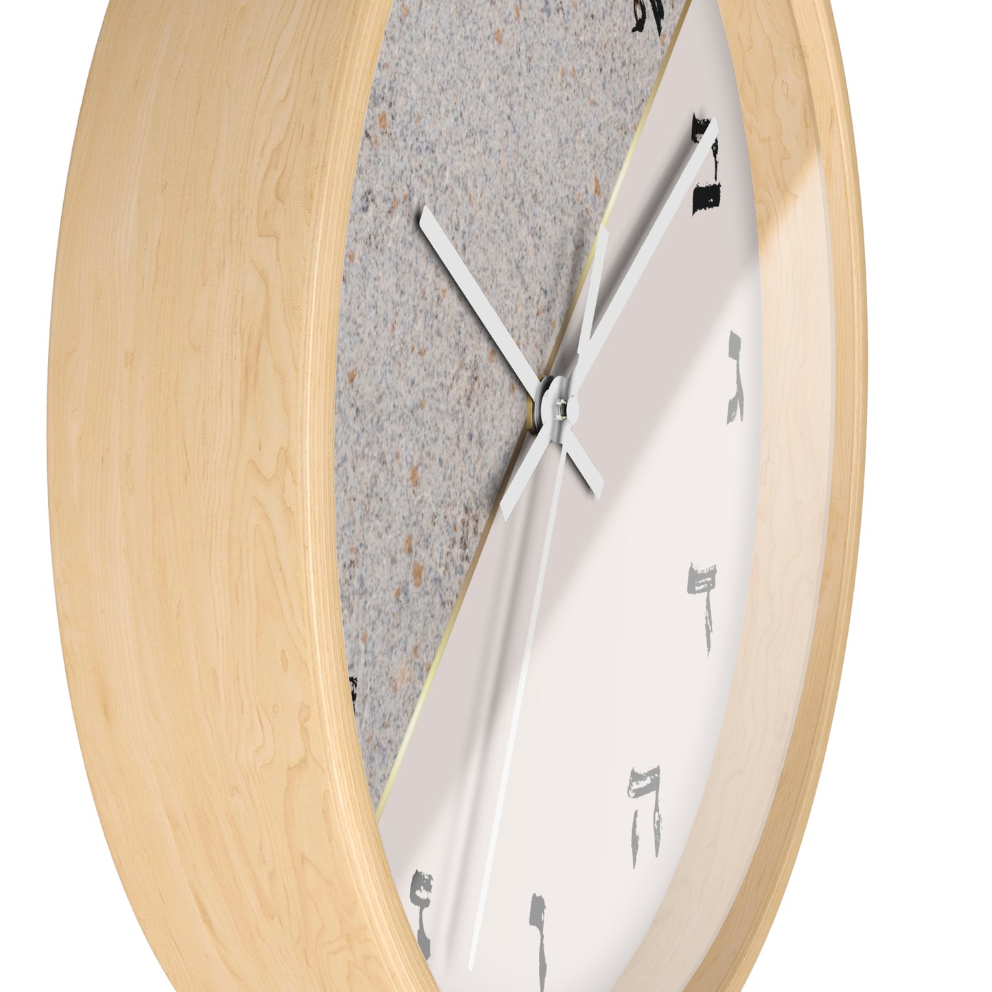 Hebrew letters wall clock with a print in shades of gray and concrete