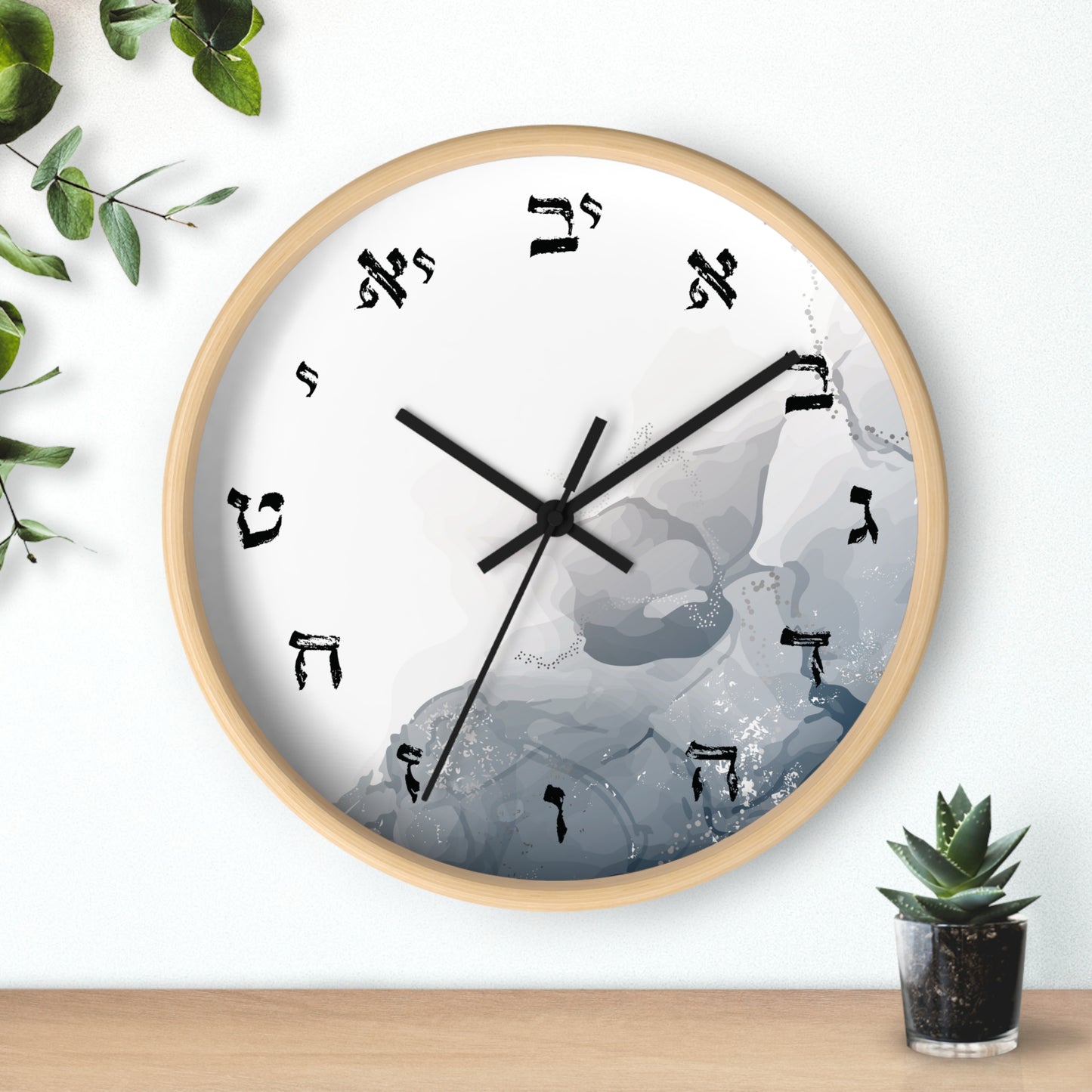 Hebrew letters wall clock with abstract print with shades of gray