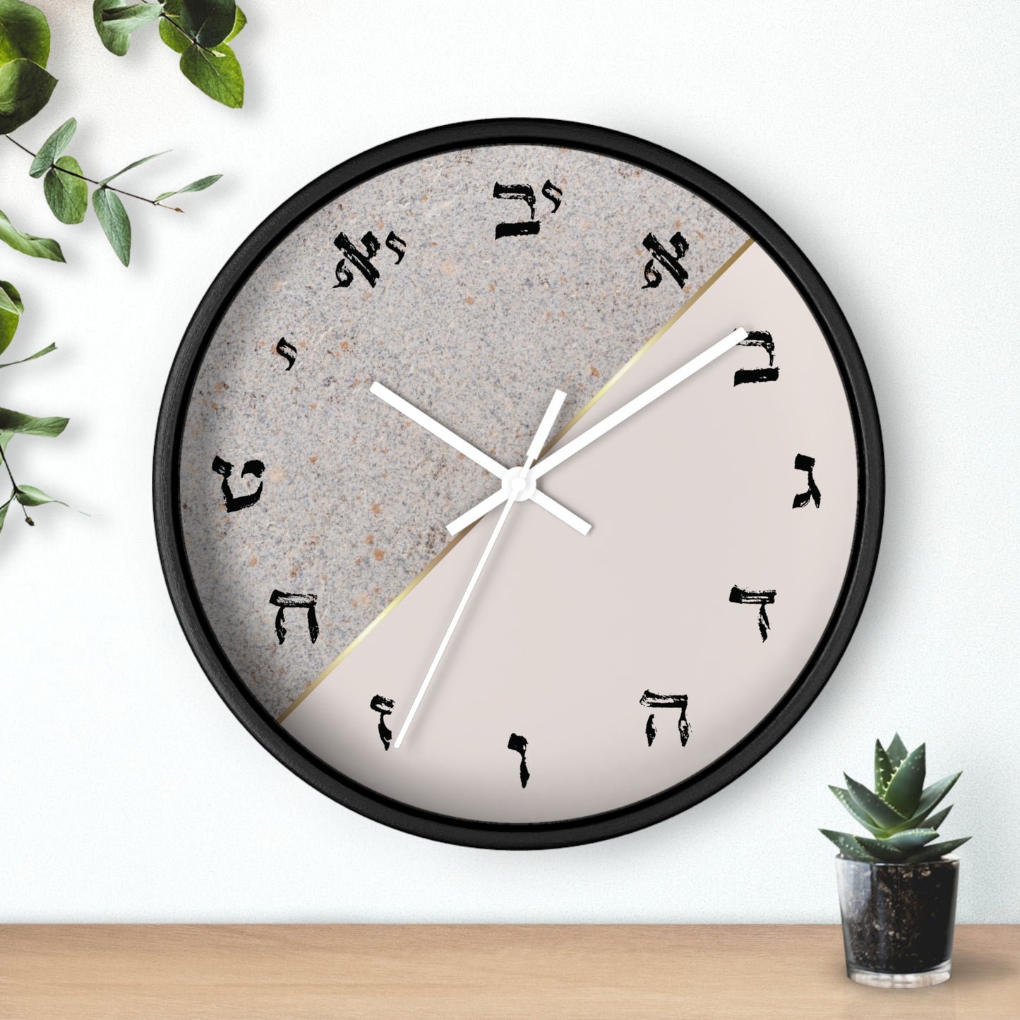 Hebrew letters wall clock with a print in shades of gray and concrete