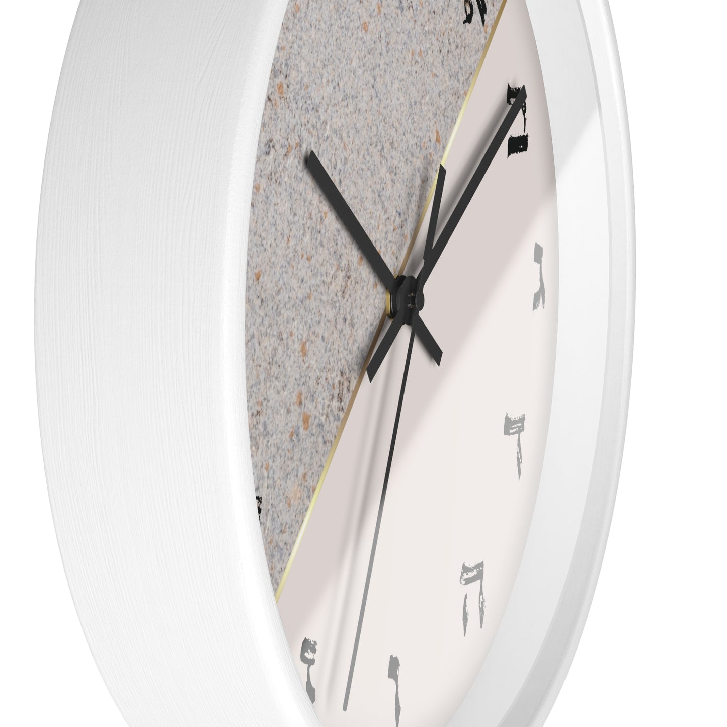 Hebrew letters wall clock with a print in shades of gray and concrete