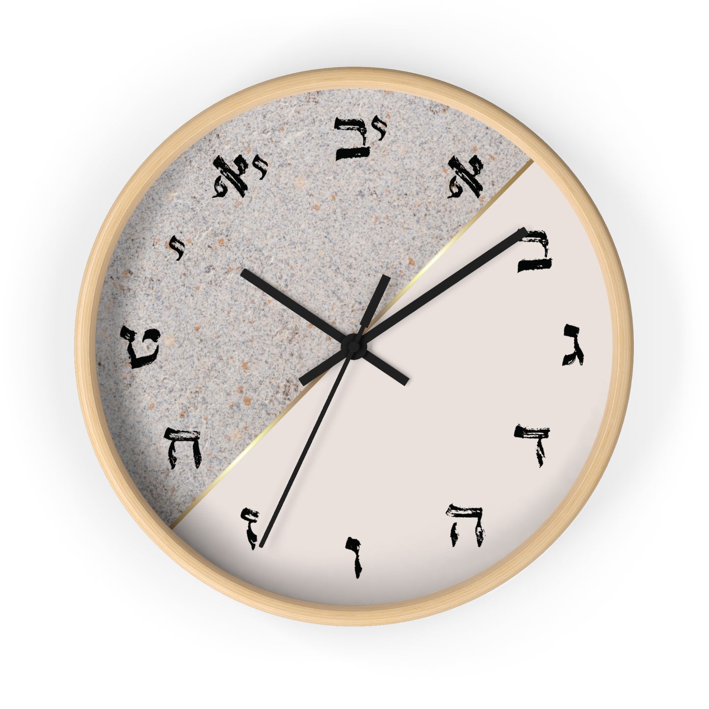 Hebrew letters wall clock with a print in shades of gray and concrete