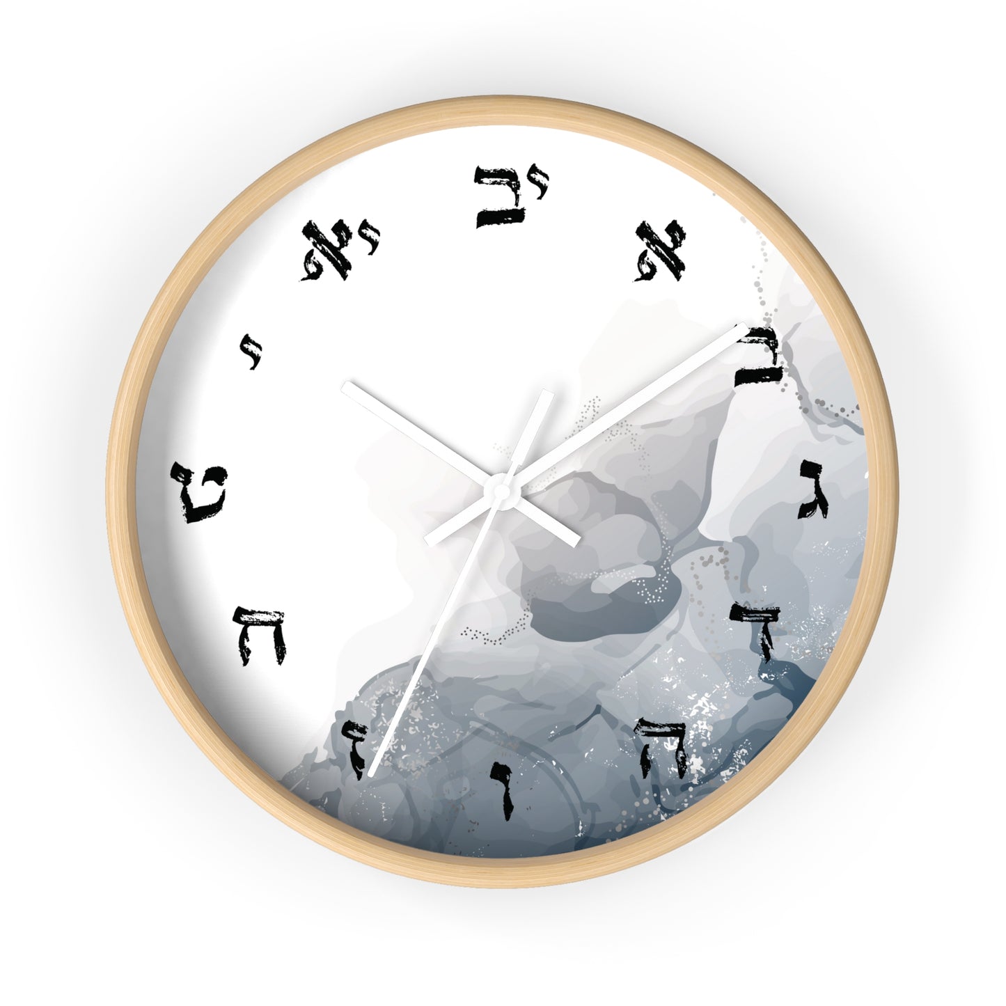 Hebrew letters wall clock with abstract print with shades of gray