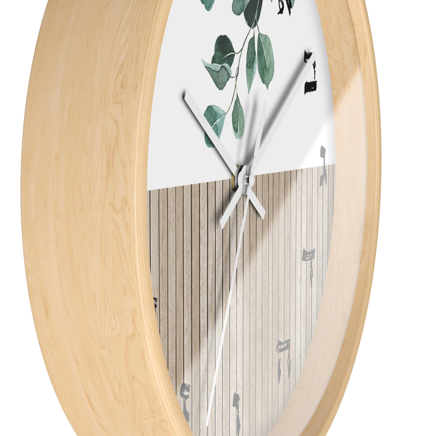 Hebrew letters wall clock with wood and leaves print