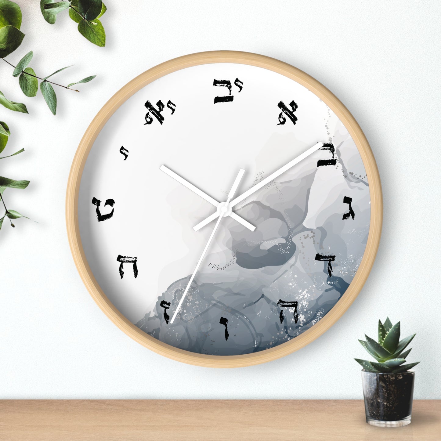 Hebrew letters wall clock with abstract print with shades of gray