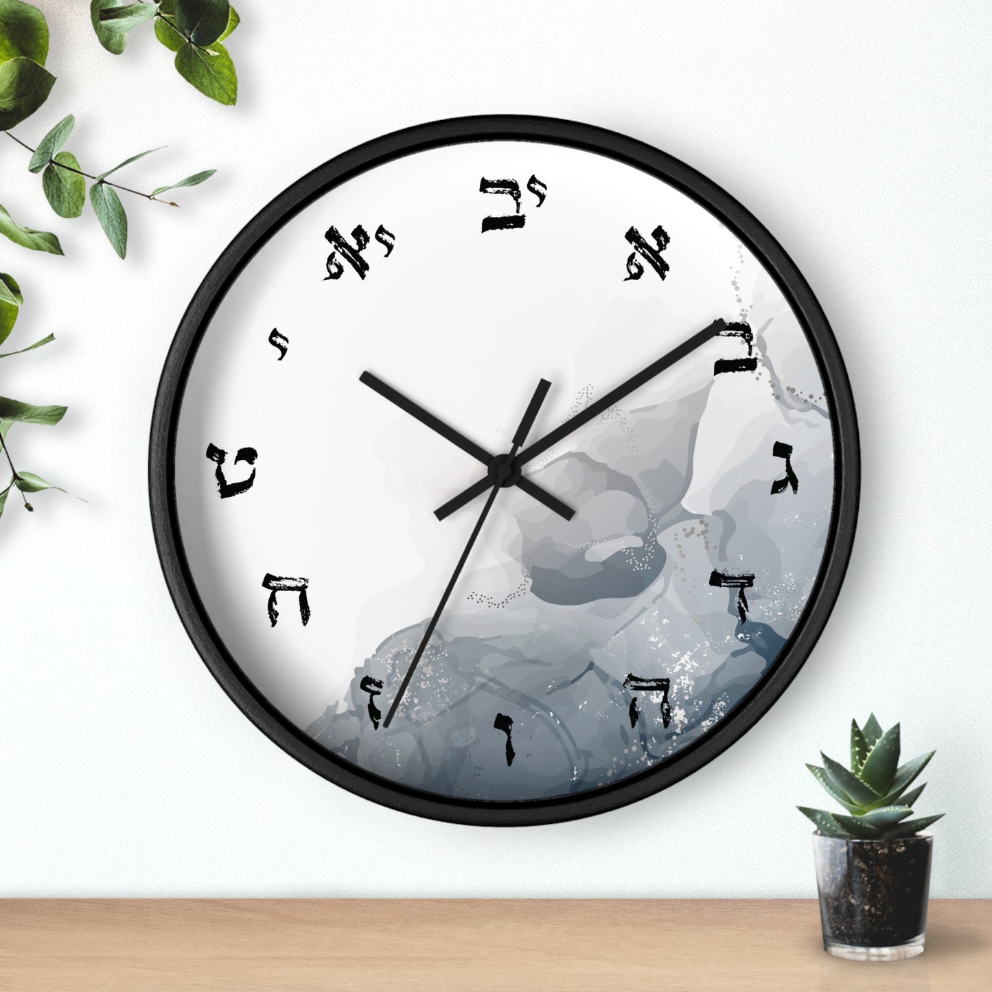 Hebrew letters wall clock with abstract print with shades of gray