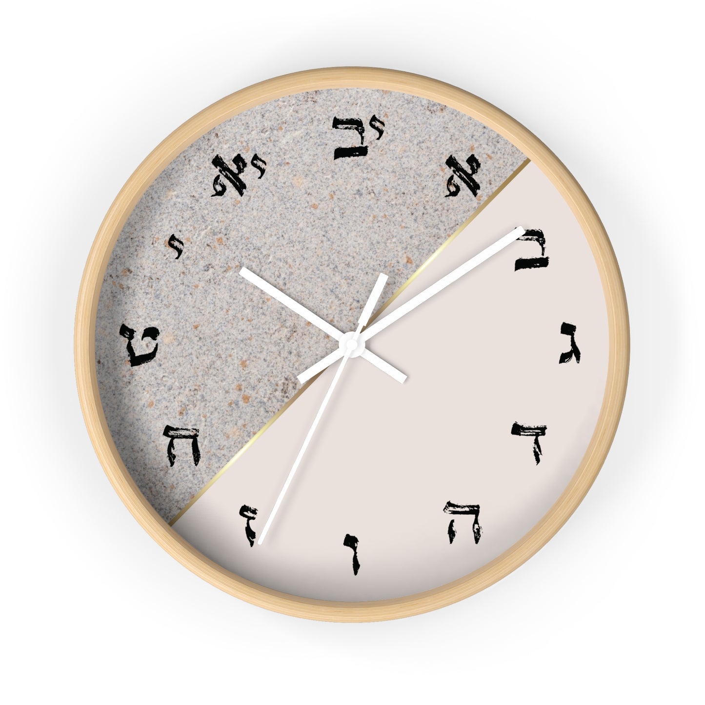 Hebrew letters wall clock with a print in shades of gray and concrete