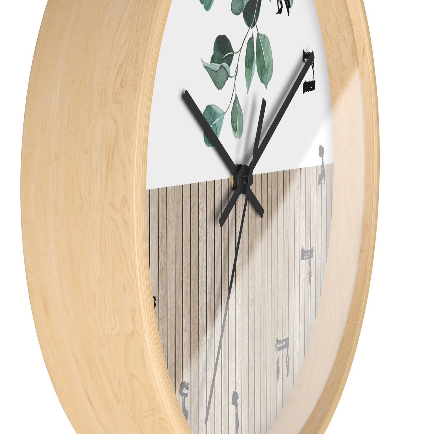 Hebrew letters wall clock with wood and leaves print