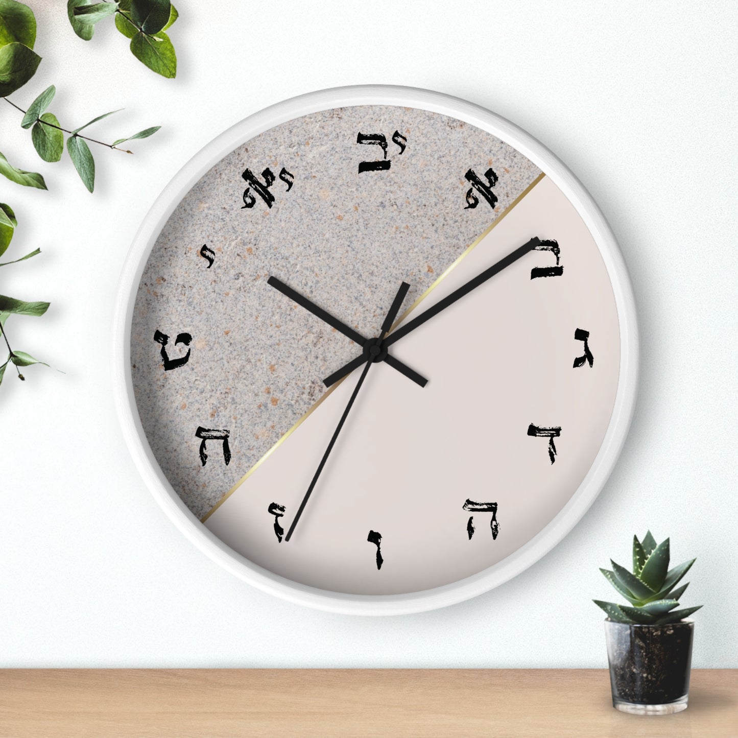 Hebrew letters wall clock with a print in shades of gray and concrete