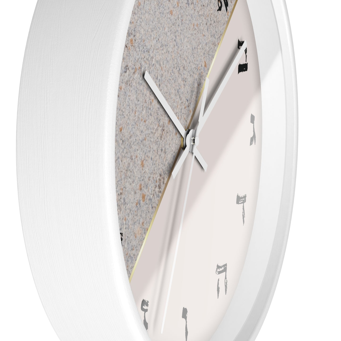 Hebrew letters wall clock with a print in shades of gray and concrete