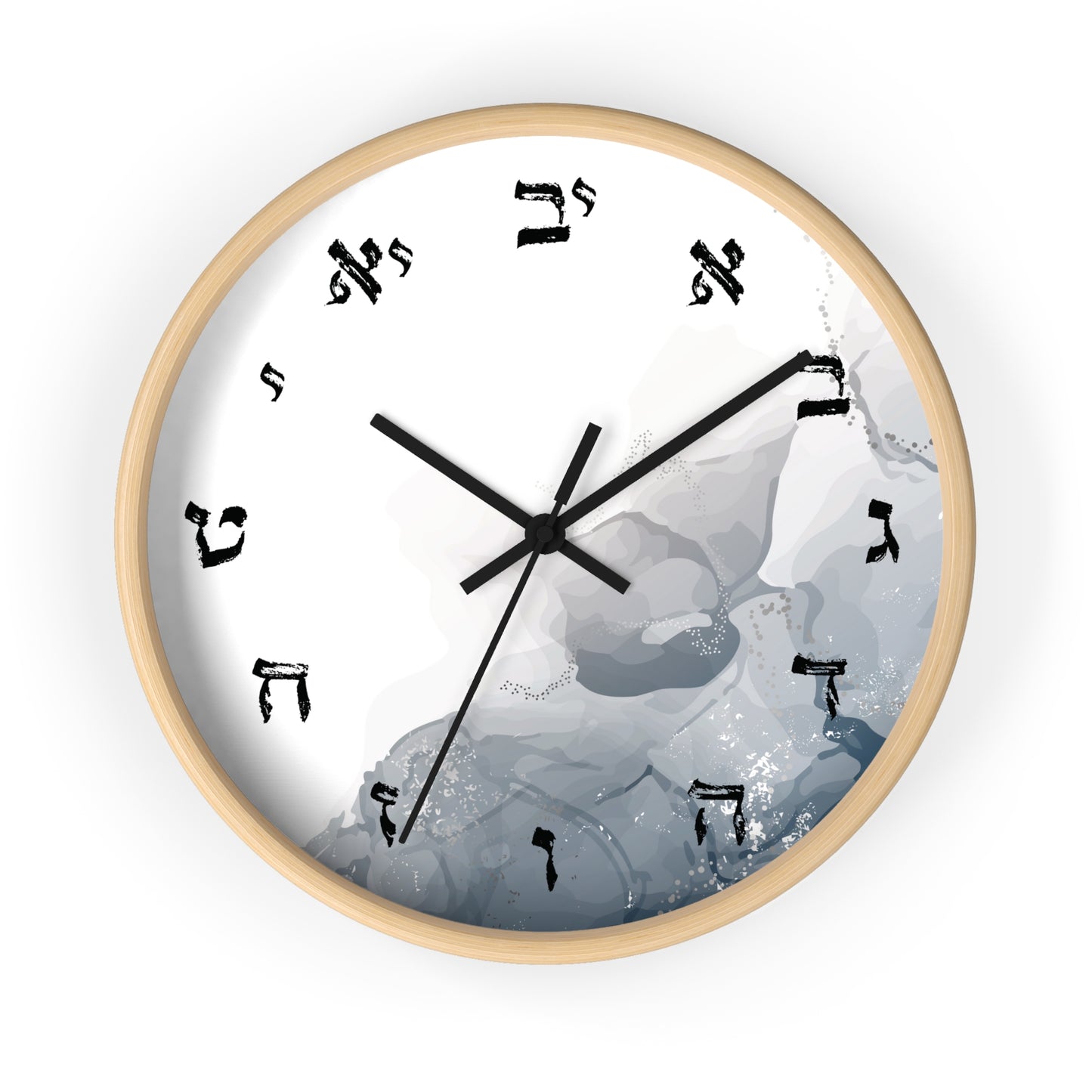 Hebrew letters wall clock with abstract print with shades of gray