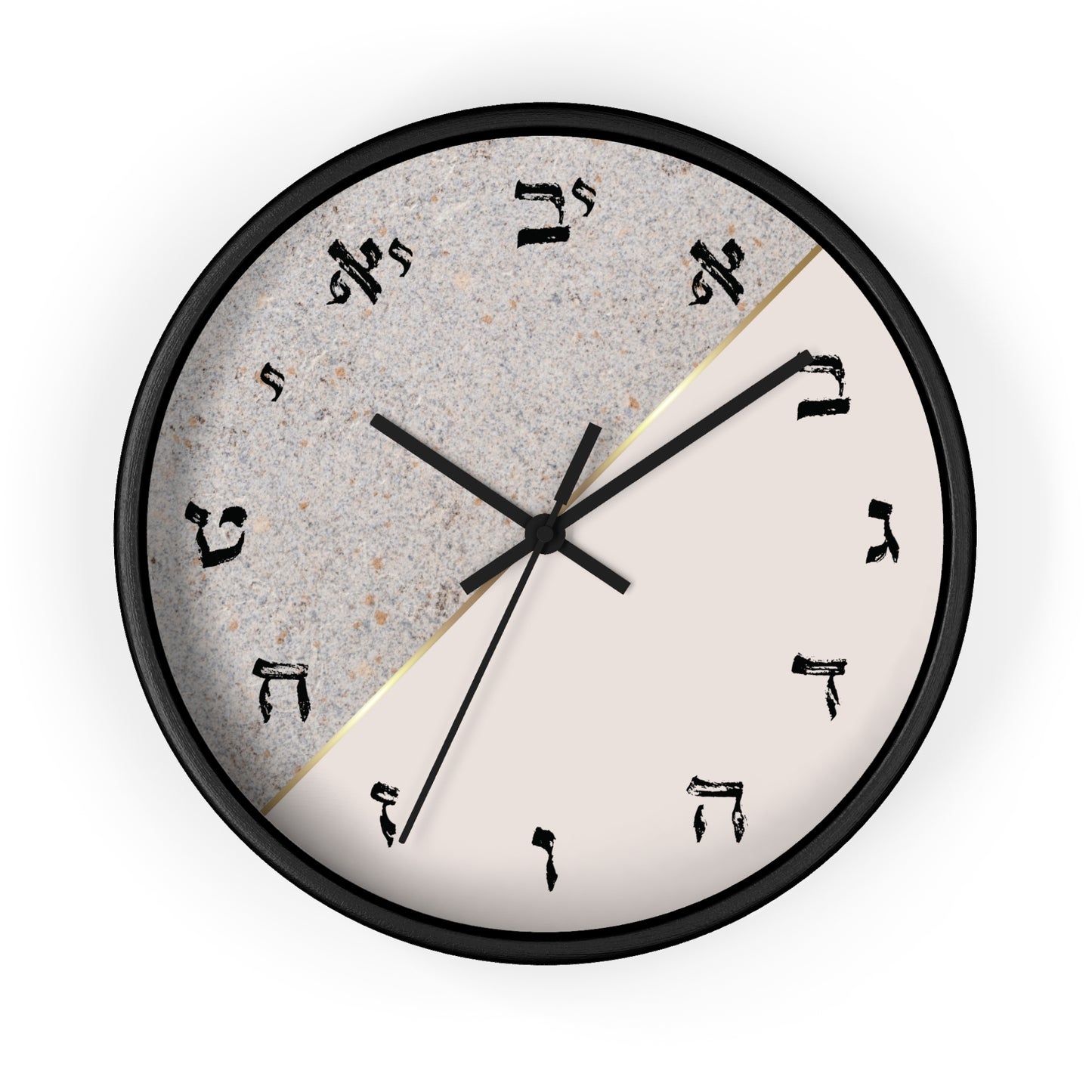 Hebrew letters wall clock with a print in shades of gray and concrete