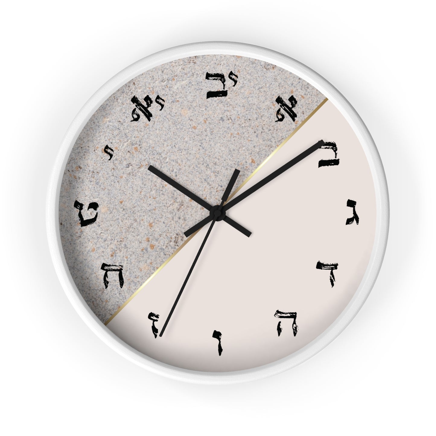 Hebrew letters wall clock with a print in shades of gray and concrete