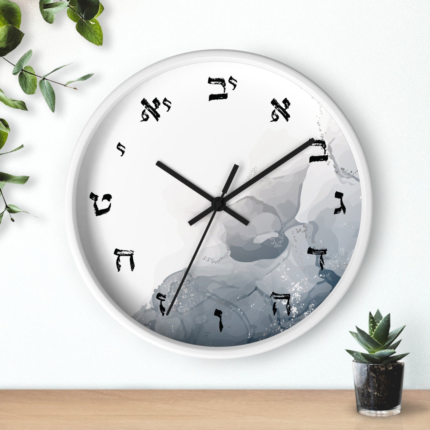 Hebrew letters wall clock with abstract print with shades of gray