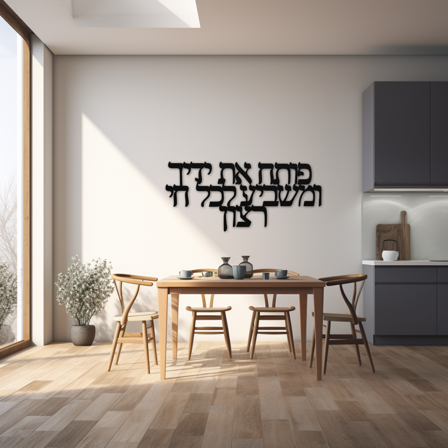 A Hebrew metal sign "You open your hand and satisfy the desire of every living thing"- Caption only