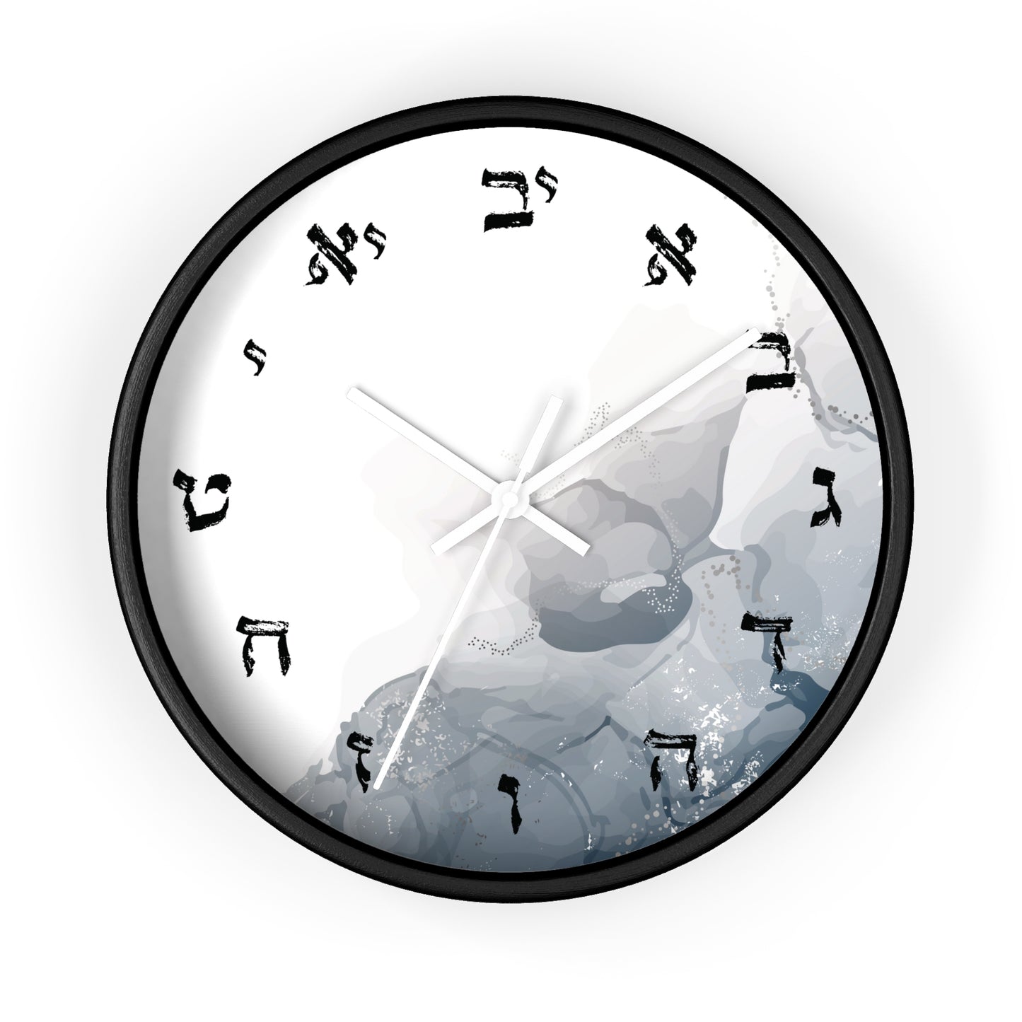 Hebrew letters wall clock with abstract print with shades of gray