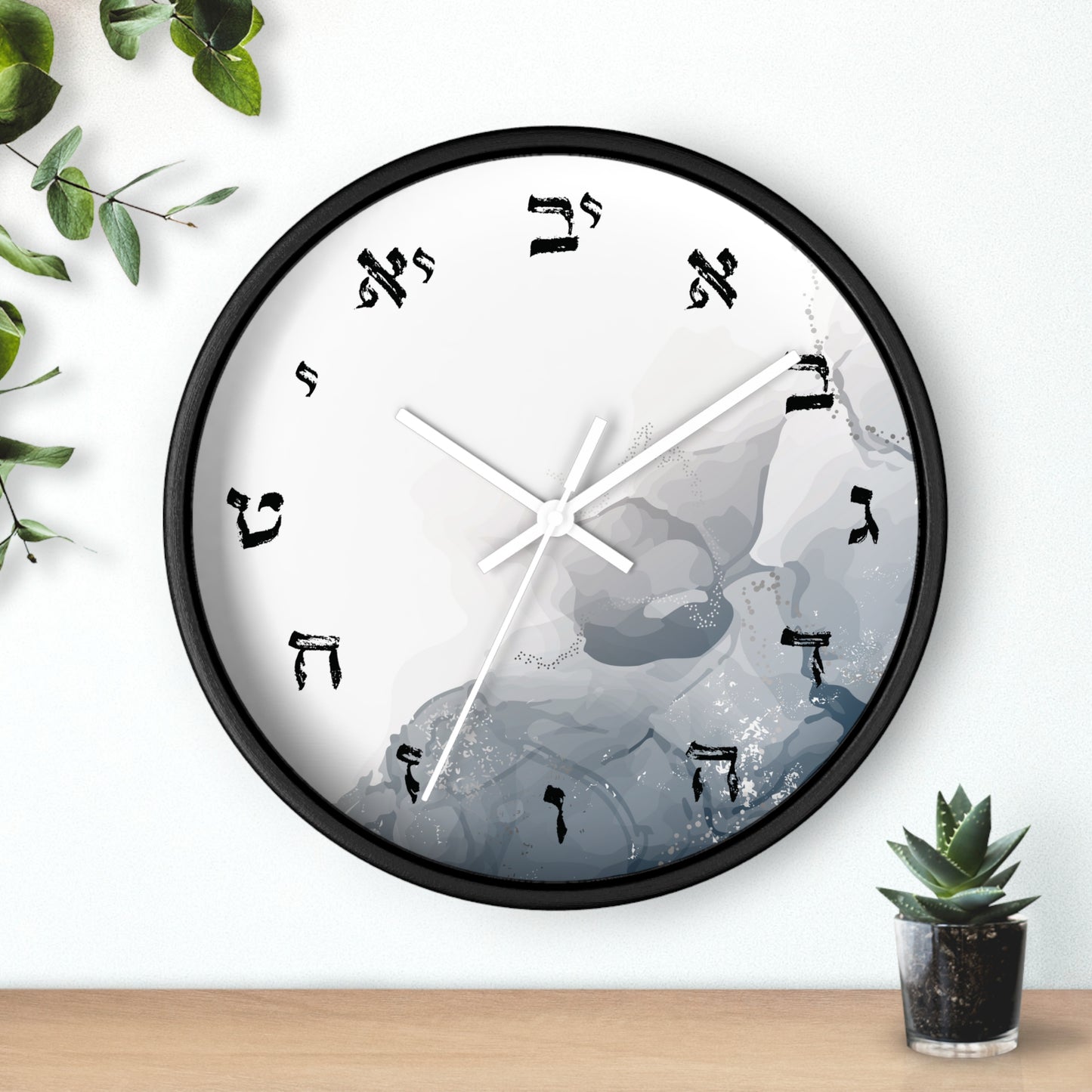 Hebrew letters wall clock with abstract print with shades of gray