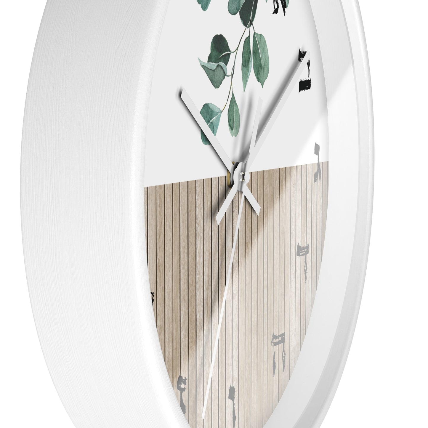 Hebrew letters wall clock with wood and leaves print