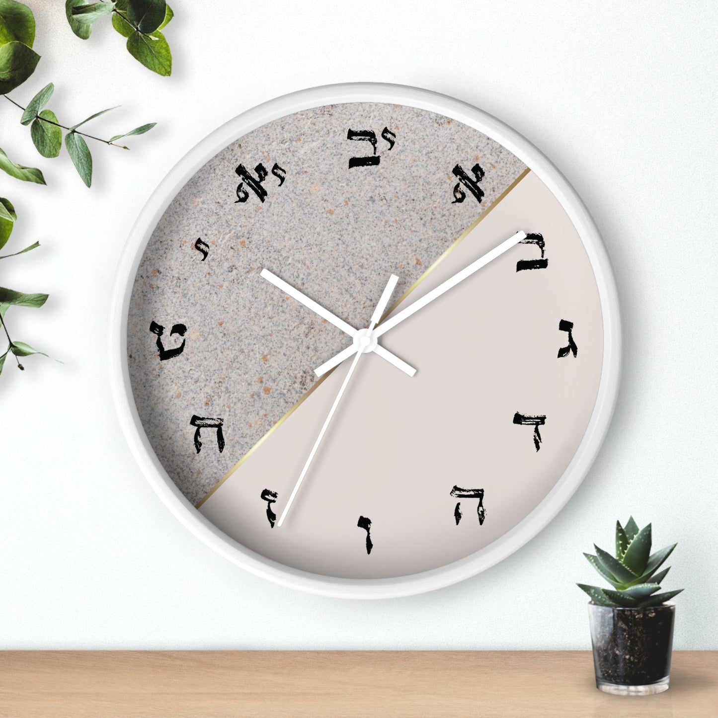 Hebrew letters wall clock with a print in shades of gray and concrete